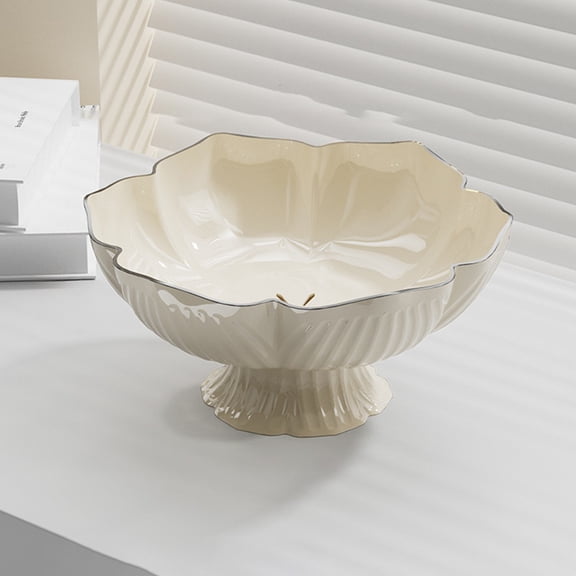 White Pedestal Fruit Bowl for Kitchen Counter, Ceramic Centerpiece Bowl with Fluted Texture, Modern Farmhouse Coffee Table Decor for Dining Table,Entryway Key Bowl, HouseWarming Gift