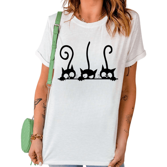 White Peeking Black Cats Funny Cat Lover Graphic Print Tshirt Graphic Tees Shirts Cute Pet Casual Tops S-5XL