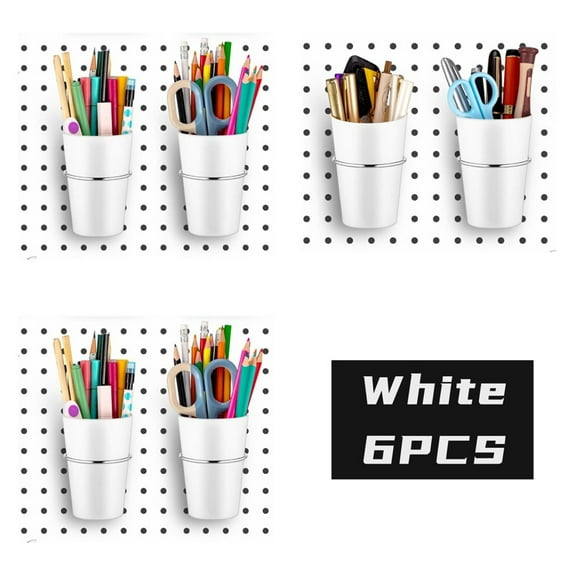 White Peg Board Cup with Hooks,6 Sets Accessory Storage Organizer,Pegboard Bins Cups,for Organizing Craft Tools Storage Garage Office Workbench