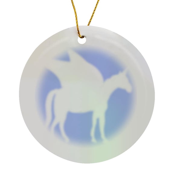 3drose, White Pegasus Silhouette on Pastel Blue - Magical Mystical Mythical Fantasy Creatures and Beasts, Circle Porcelain Ornament