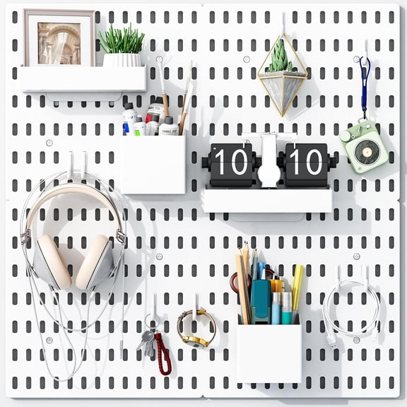 White Pegboard Wall Organizer – Wall Mount Desk Plastic Panels Kit for Craftroom Workbench Design Studio Gameroom