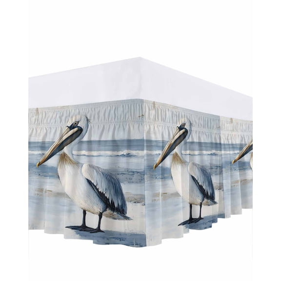 White Pelican Bed Skirt Queen Size 16" Drop Coastal Bird Ocean Wave Beach Animal Ruffled Wrap Around Bed Skirts Adjustable Elastic Bedskirt Dust Ruffle for Queen Size Bed