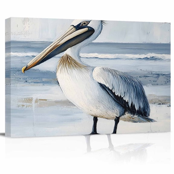 White Pelican Canvas Print Wall Art Coastal Bird Ocean Wave Beach Animal Pictures Painting Morden Artwork for Living Room Bedroom, Ready to Hang - 12"x16"