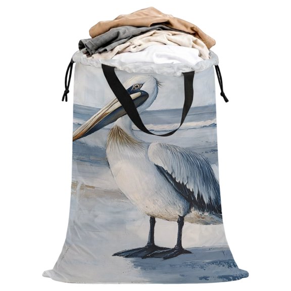 White Pelican Extra Large Laundry Bag 25"x38" Coastal Bird Ocean Wave Beach Laundry Storage Bags with Handles & Drawstring Closure, Dirty Clothes Hamper Organizer for College Dorm Travel