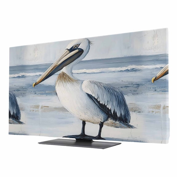 White Pelican TV Dust Cover 24 Inch, Coastal Bird Ocean Wave Beach Animal Computer Monitor Cover Dustproof Stretchable Indoor TV Screen Protector for LED LCD Universal Monitors
