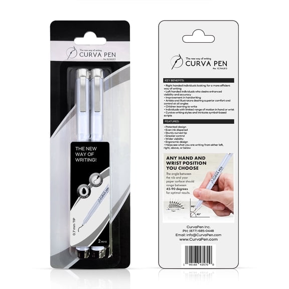 CurvaPen Starter Bundles Pack 2 Ergonomic Pens for Left- and Right-Handed Writers, Patented Curved Nib, 0.7mm Quick-Dry Black Ink, Comfortable Writing and Drawing Pens—White Pen, Black Ink