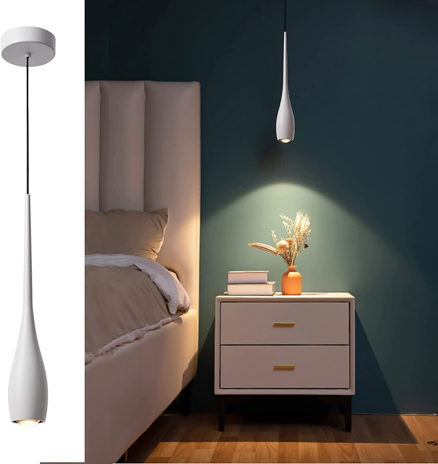 Image showcasing White Pendant Light for Kitchen Island, LED Dimmable Pendant Light ...