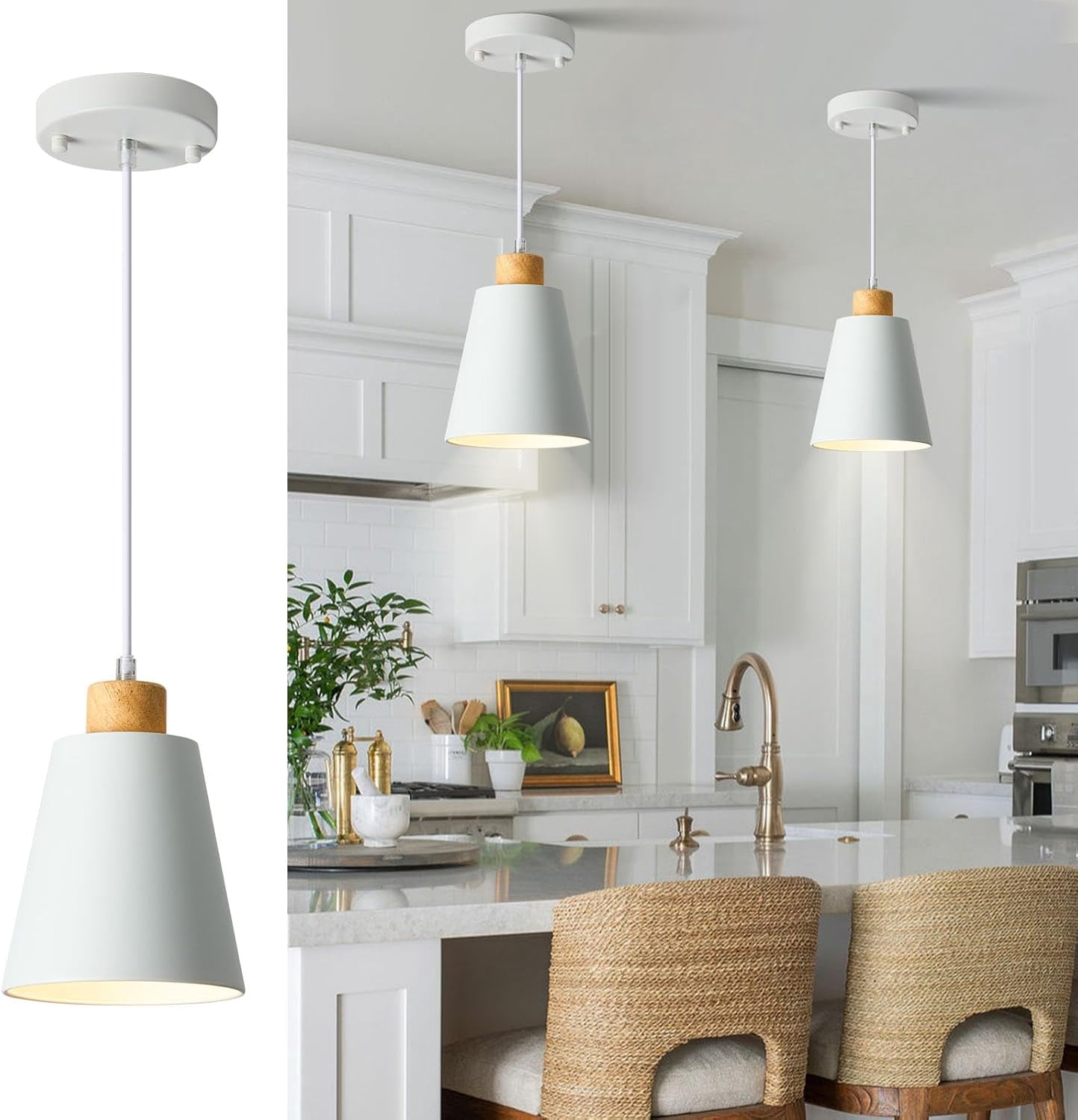 White Pendant Light Set – 3-Pack Mini Wood & Metal Pendant Lighting With Adjustable Cord, 5.94" Farmhouse Style For Kitchen Island, Dining Room, Bar, Bedroom