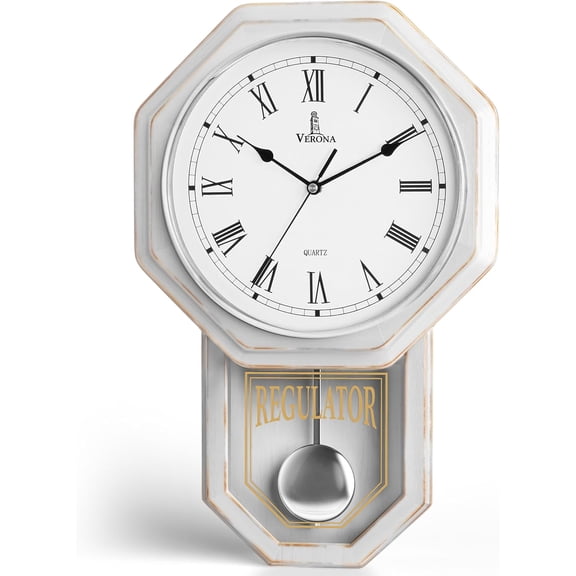 White Pendulum Wall Clock - Real Wood Regulator Clock - Rustic, Farmhouse Schoolhouse Design 18x11 - Quiet, Non-Chiming, Battery Operated - Decorative Wall Decor for Living Room, Home, Office