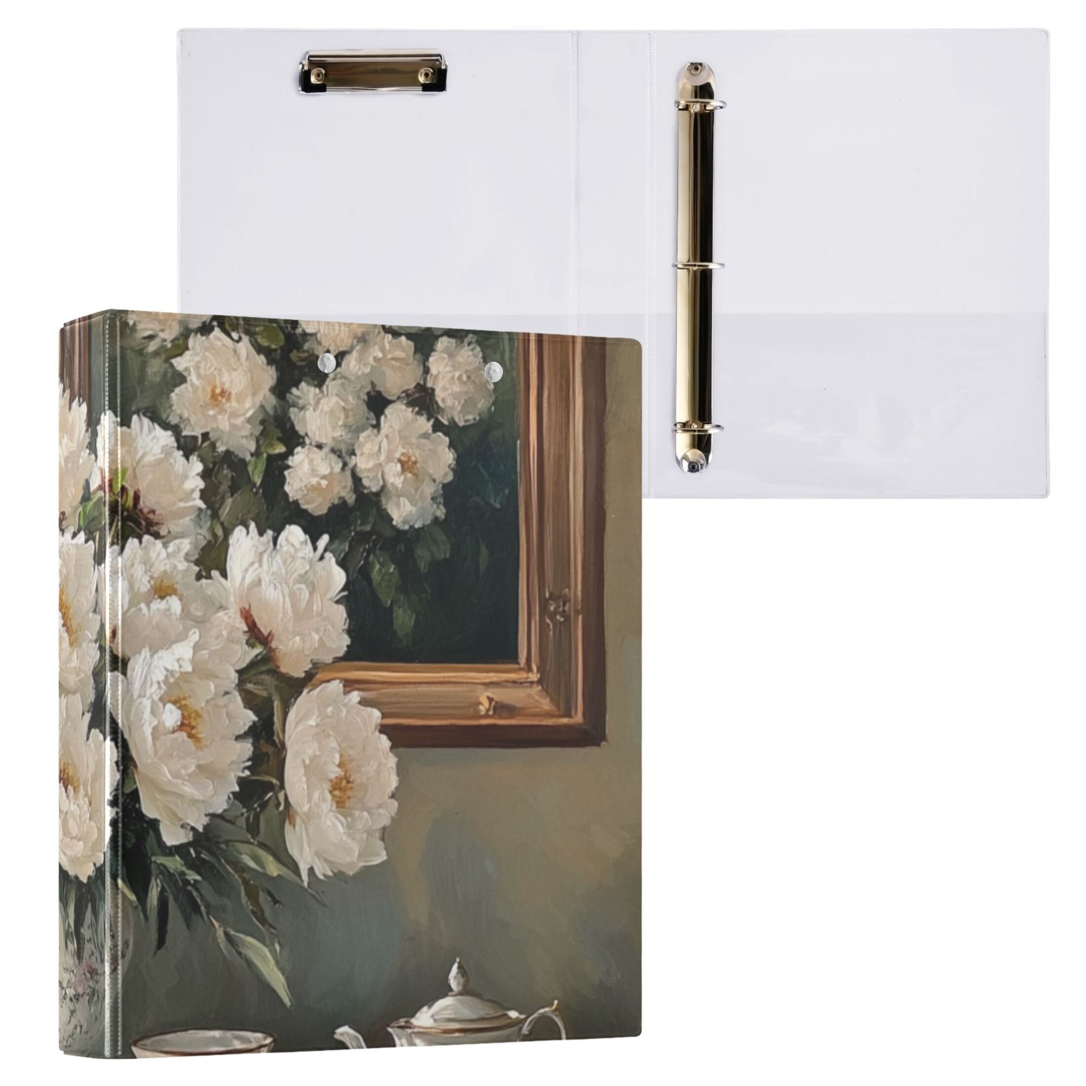 White Peonies 3 Ring Binders 1.5 inch Hardcover File Folders with Interior Pockets A4 Size Organizer for School Office Hospital Set of 2