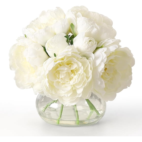 White Peonies Artificial Flowers in Vase, Silk Faux Peony Fake Flower Arrangements with Glass Vase and Faux Water for Home Decor Wedding Bouquets Table Centerpieces
