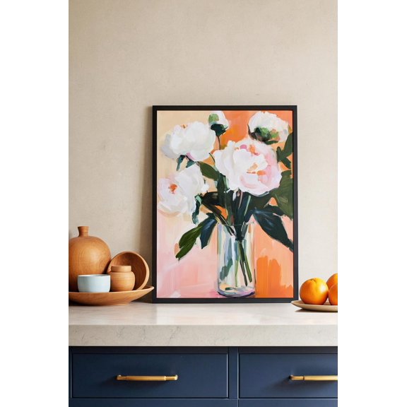 White Peonies Floral Peach Background Wall Art Print