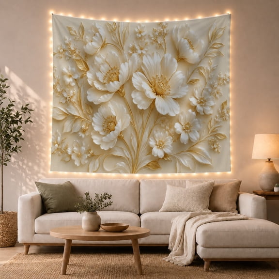 White Peonies with Gold Foliage on Sand Background, Serene Boho for Floral Art Lovers, Botanical Sculptural Wall Art, Housewarming Gift, Tapestry Wall Hanging for Living Room and Bedroom