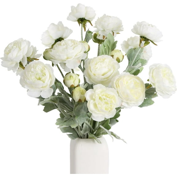 White Peonies White Artificial Ranunculus Flowers8Heads Faux Peonies .7" White Fake Flowers for Floral Arrangements Wedding Decorations for Home Decor Indoor (White)