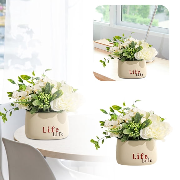 White Peony Artificial Flower Arrangement in "Life" Pot, Silk Peony Plant Farmhouse Style Home Decor, Small Table Accent for Desk Shelf, No Maintenance White Flowers in Pot Gift Idea