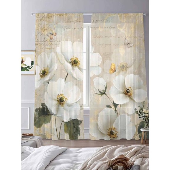 White Peony Blossom Floral Sheer Curtains 2 Panels Set Rustic Butterflies Vintage Back Lihgt Filtering Rod Pocket Voile Drape,Semi Sheer Window Curtains for Bedroom Living Room,52"x84"