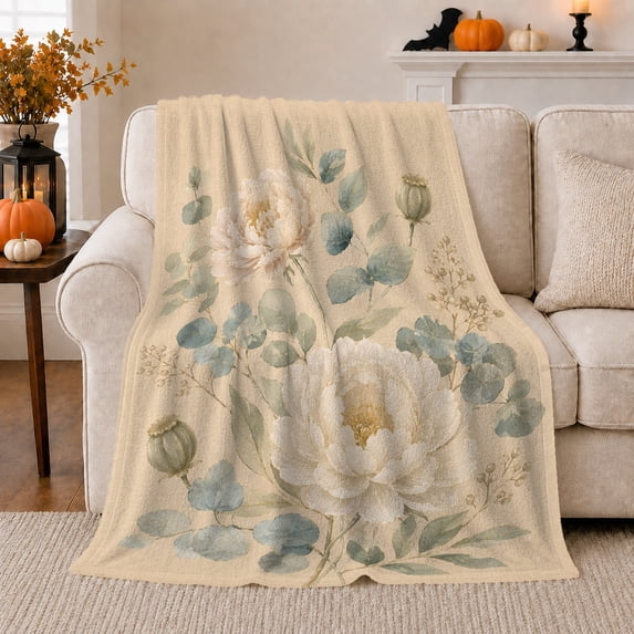 White Peony Branches with Teal Leaves, Elegant Botanical Style for Flower Lovers, Soft Floral Garden and Mother's Day Gift, Cozy Flannel Blanket for Bedroom and Sunroom, Home Decor