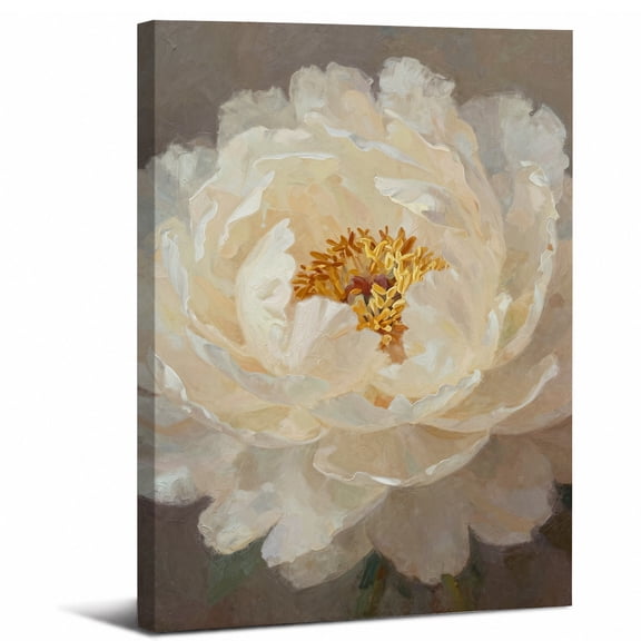 White Peony Canvas Wall Art Framed,Elegant White Flower with Gold Stamen Landscape canvas print for bathroom bedroom or living room decor,8x12in