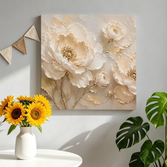 White Peony Canvas Wall Art, Rustic Beige Floral Impasto Relief Textured Flower Framed Canvas Wall Decor Picture Print Artwork Decorations for Living Room Office Ready to Hang 8" x 8"