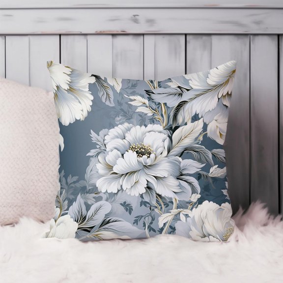 White Peony Floral Slate Botanical Polyester Velvet Throw Pillow Cover, 2 Sided, Envelope, No Insert