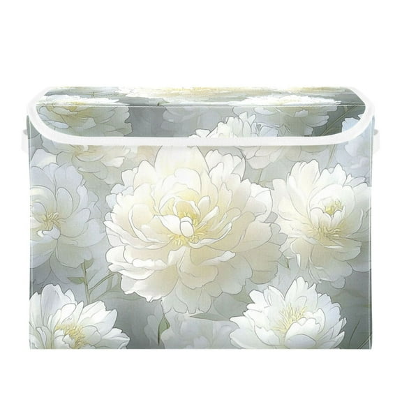 White Peony Flowers Large Storage Bins with Linen Collapsible Lid Storage Box 16.7 x 12.6 x 11.8in