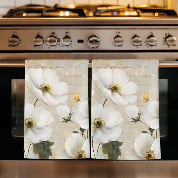 White Peony Kitchen Towels Set of 1, Retro Floral Butterfly Botanical Farmhouse Beige Absorbent Dish Towels for Kitchen, Microfiber Hand Towel, Quick Drying Tea Towel Decorative Dishcloths