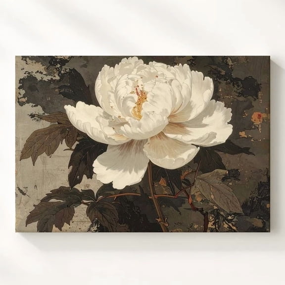 White Peony On Aged Scroll Vintage Asian-Inspired Botanical Wall Art Decor Art