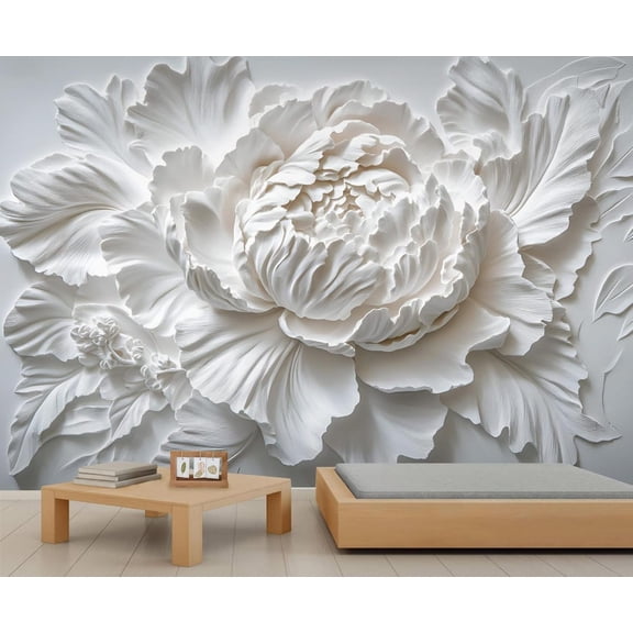 White Peony Relief Wall Mural, Blooming Flowers Wallpaper, Nordic Modern Luxury Art Large Poster Wall Sticker For Bedroom Living Room Office 55"W x 28"H (Not Peel and Stick)