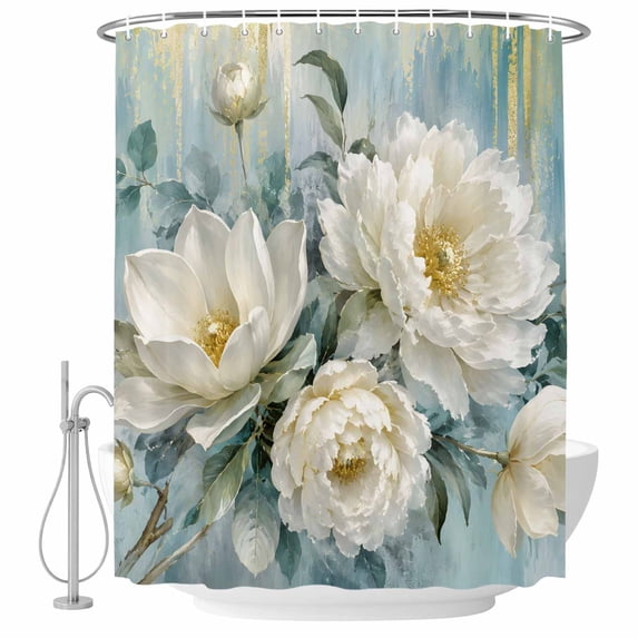 Leaf Tech White Peony Shower Curtain for Bathroom, Modern Minimalist Country ...