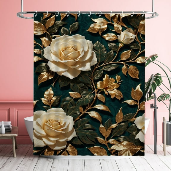 White Peony Shower Curtains Pretty Peony Flower Pattern Waterproof Bathroom Curtains with Hooks, Unique Peony with Green Gold Leaves Themed Bathroom Decor