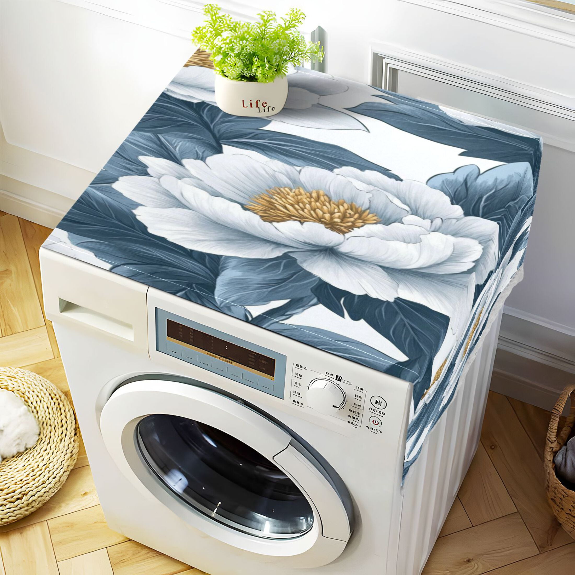 White PeonyWasher and Dryer Covers Dust-Proof and Oil Resistant Fridge Cover with 4 Storage Pockets Washing Machine Top Cover for Laundry Kitchen Home 51.2 x 22 In