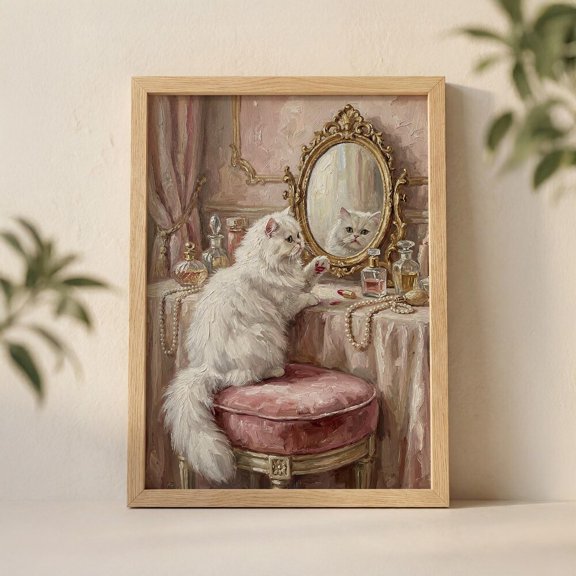 White Persian Cat Applying Lipstick Wall Art Print Coquette Aesthetic Illustration with Golden Mirror and Vanity