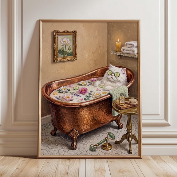 White Persian Cat Bathroom Wall Art Print, Funny Spa Cat Poster, Copper Bathtub Pet Decor, Whimsical Bathroom Artwork, Poster Only
