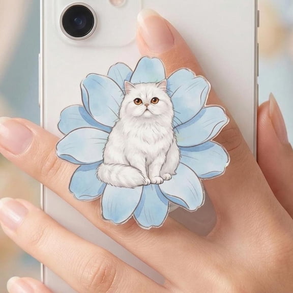 White Persian Cat Phone Grip, Floral Acrylic Mag Safe Holder, Phone Pop Stand, Gift for Persian Cat Lovers, Griptok