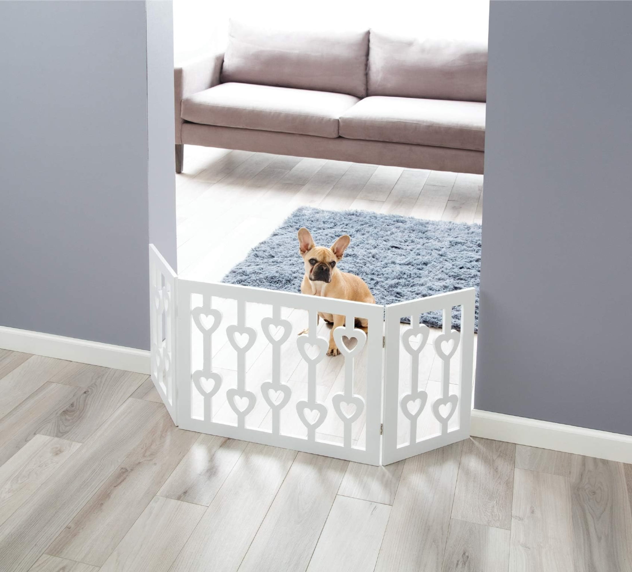 White Pet Gate - 3 Panel Wooden Hearts Design Dog Gate - Freestanding Tri Fold Durable Wood Dog Fence - Indoor/Outdoor Barrier for Stairs & Doorways