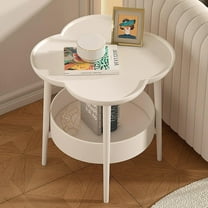 White Petal Shape Side Table, 2-Tier End Table with Storage Shelf Basket, Coffee Table, Nightstand Accent Table, for Living Room Bedroom Office, Patio Yard Balcony Garden