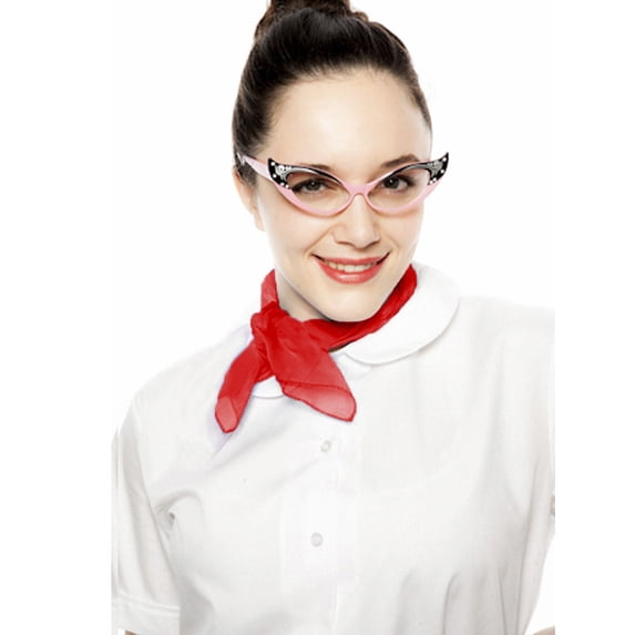 White Peter Pan Collar Blouse & Red Sheer Scarf - 50s Retro Set - Size Small
