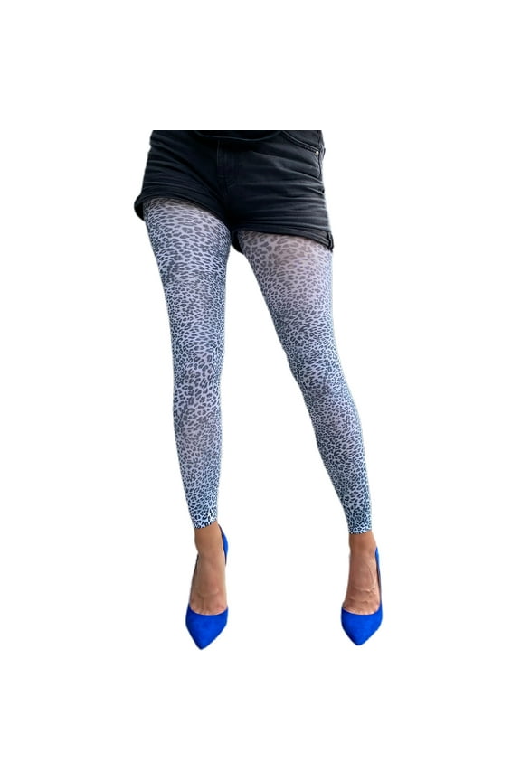 White Petite Leopard Fashion Opaque Patterned Footless Tights for Women Malka Chic
