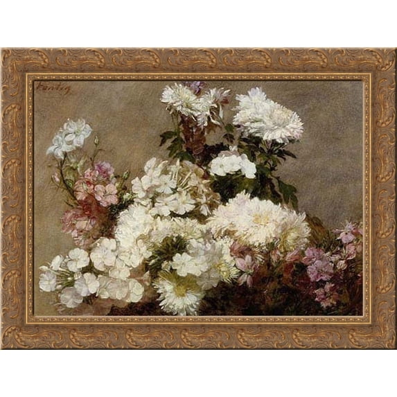 White Phlox, Summer Chrysanthemum and Larkspur 24x20 Gold Ornate Wood Framed Canvas Art by Fantin Latour, Ignace Henri Jean Theodore