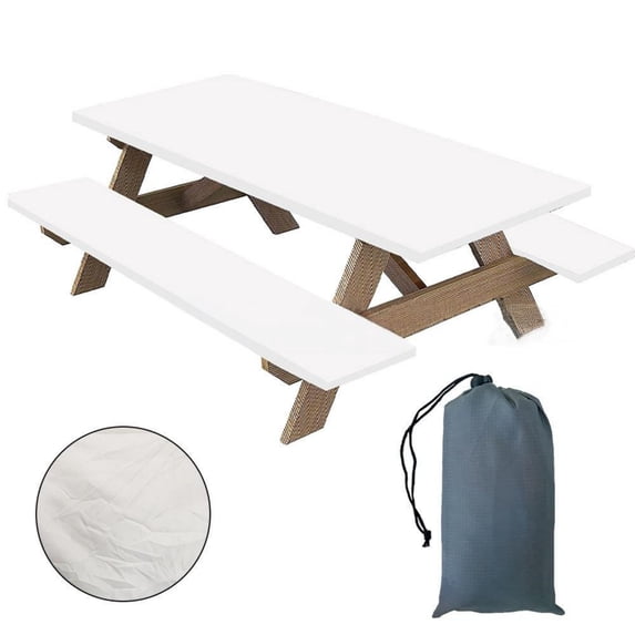 White Picnic Table & Bench Cover Set 3 Piece, Stretch Polyester Elastic Edge, Water Resistant Wipeable Fabric, Protects Furniture for Garden Camping, Easy Carry Bag, Housewarming Gift for Host