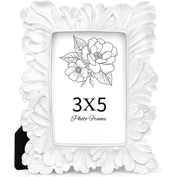 White Picture Frame 3x5 Frames, Vintage white Palm Leaves Textured Hand-Crafted Resin with Glass Front Elegant Retro Vintage Design Photo Frame for Tabletop Display Home Decor
