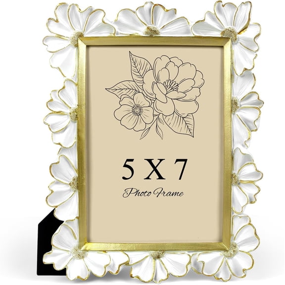 White Picture Frame 5x7 Frames, Vintage Flower Textured Hand-Crafted Resin with Glass Front Elegant Retro Vintage Design Photo Frame for Tabletop Display Home Decor
