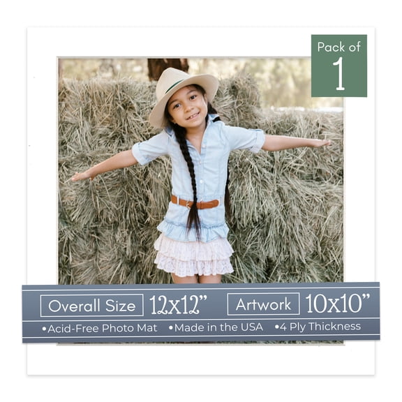 White Picture Frame Mat for 12x12 Frames - Fits 10x10 Photos - 1 Mat