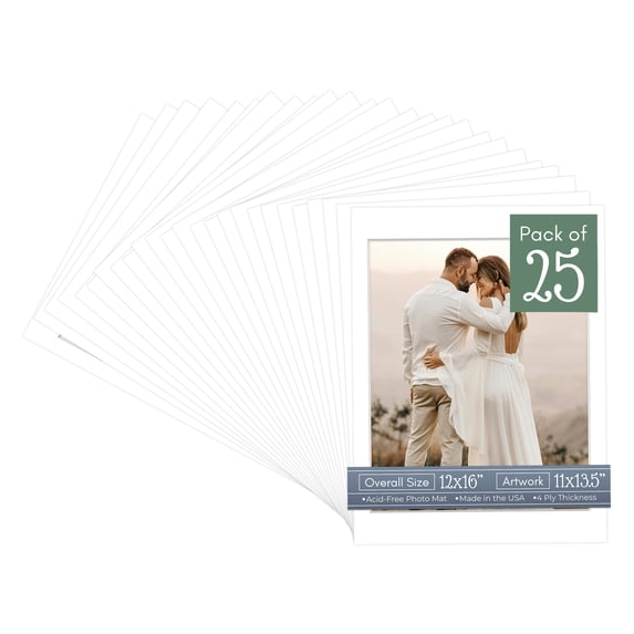 White Picture Frame Mat for 12x16 Frames - Fits 11x13.5 Photos - 25 Mats