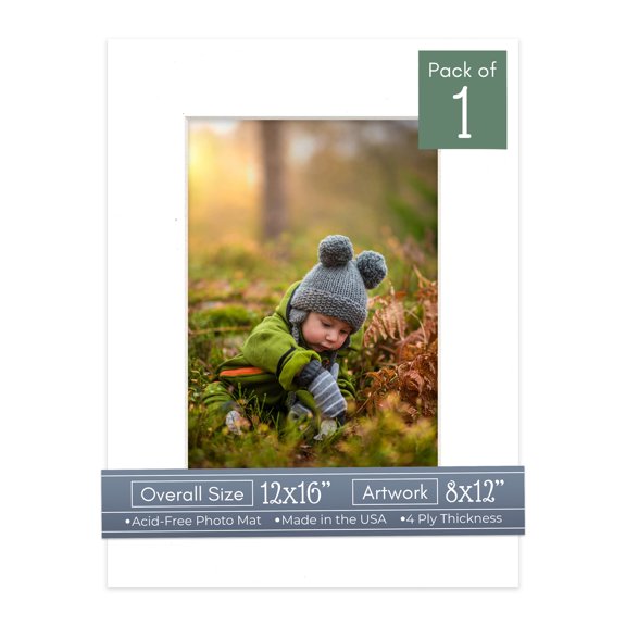 White Picture Frame Mat for 12x16 Frames - Fits 8x12 Photos - 1 Mat