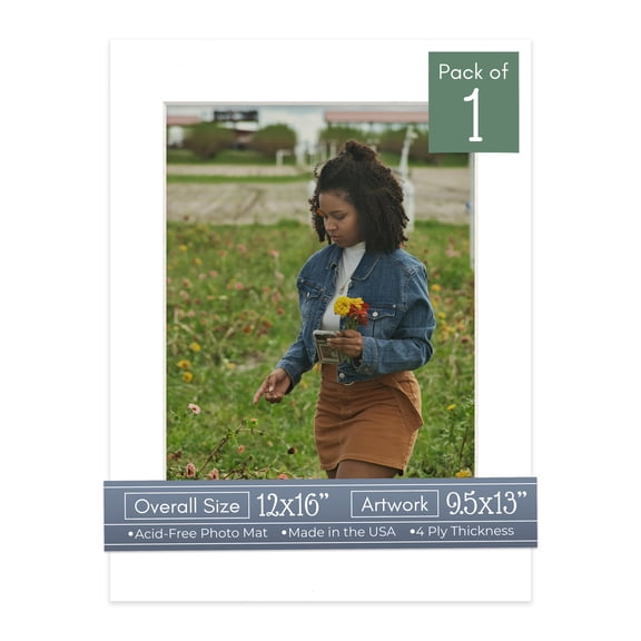 White Picture Frame Mat for 12x16 Frames - Fits 9.5x13 Photos - 1 Mat