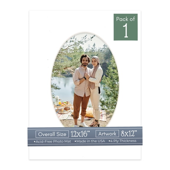 White Picture Frame Mat for 12x16 Frames - Oval Opening for 8x12 Photos - 1 Mat