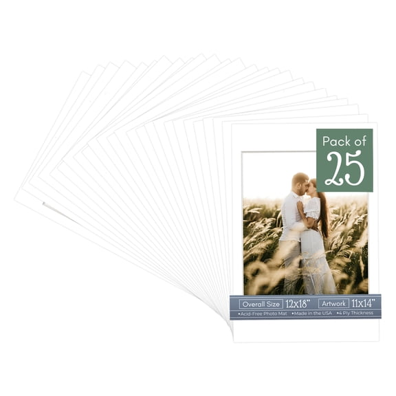 White Picture Frame Mat for 12x18 Frames - Fits 11x14 Photos - 25 Mats