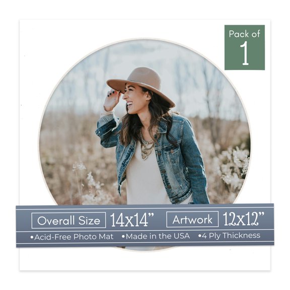 White Picture Frame Mat for 14x14 Frames - Circle Opening for 12x12 Photos - 1 Mat