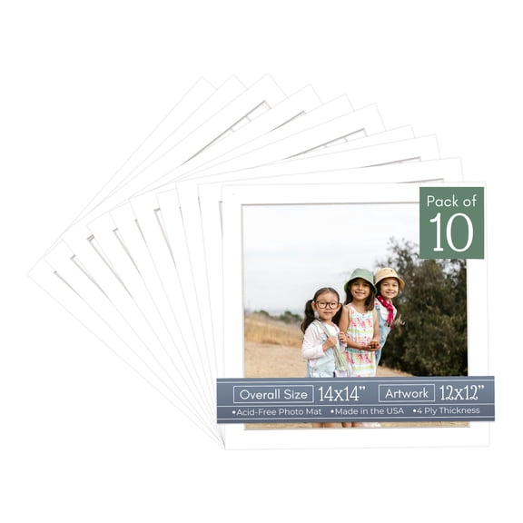 White Picture Frame Mat for 14x14 Frames - Fits 12x12 Photos - 10 Mats